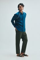 Indigo Linen Embroidered Men's Raglan Shirt view 10