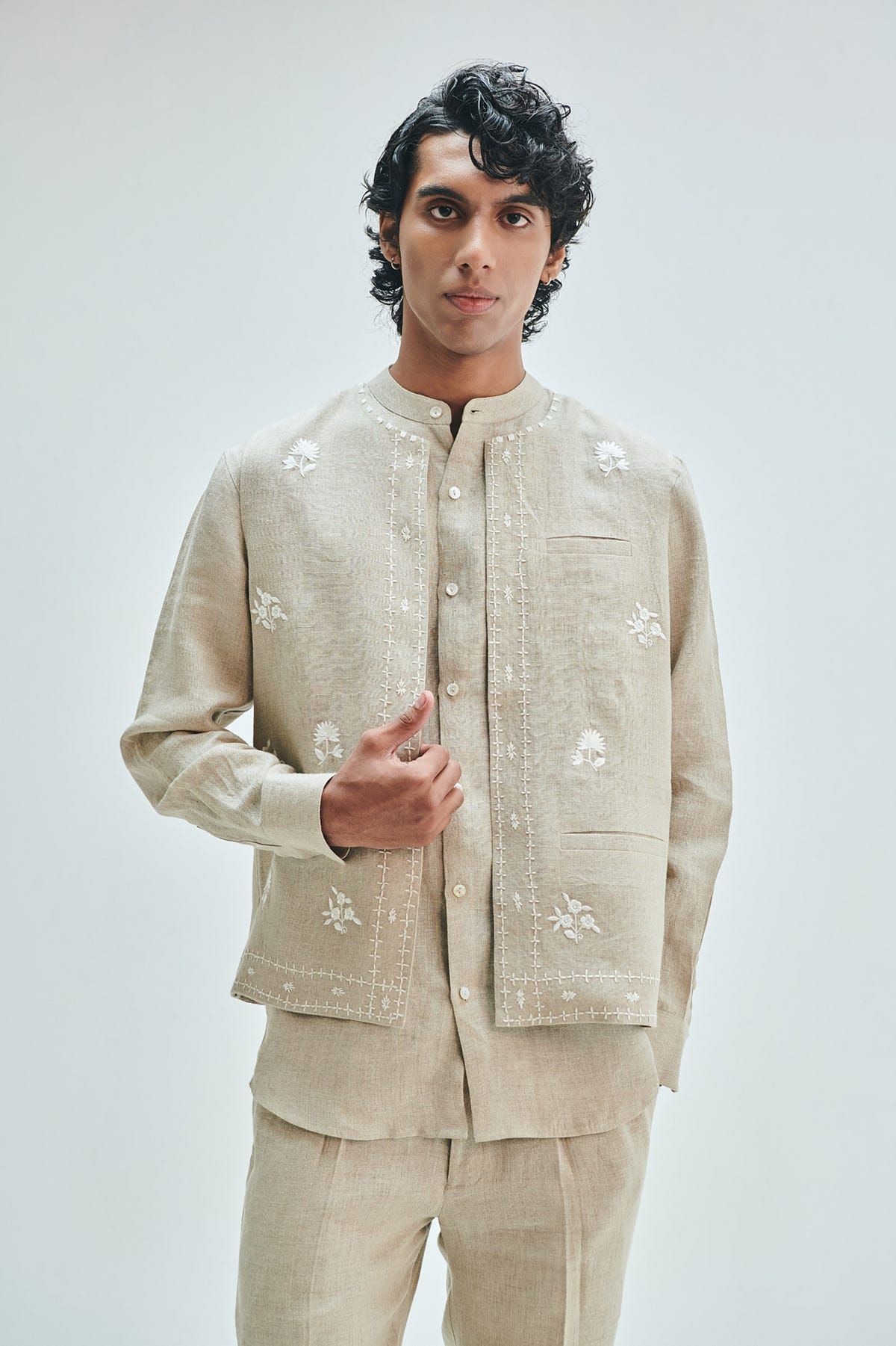 Undyed Linen Embroidered Men's Collarless Nehru Jacket - image 1