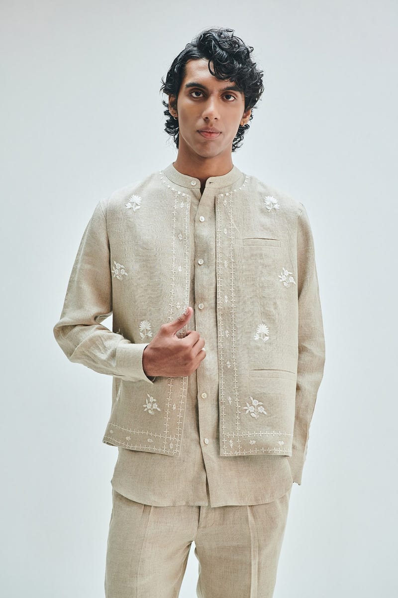 Undyed Linen Embroidered Men's Collarless Nehru Jacket