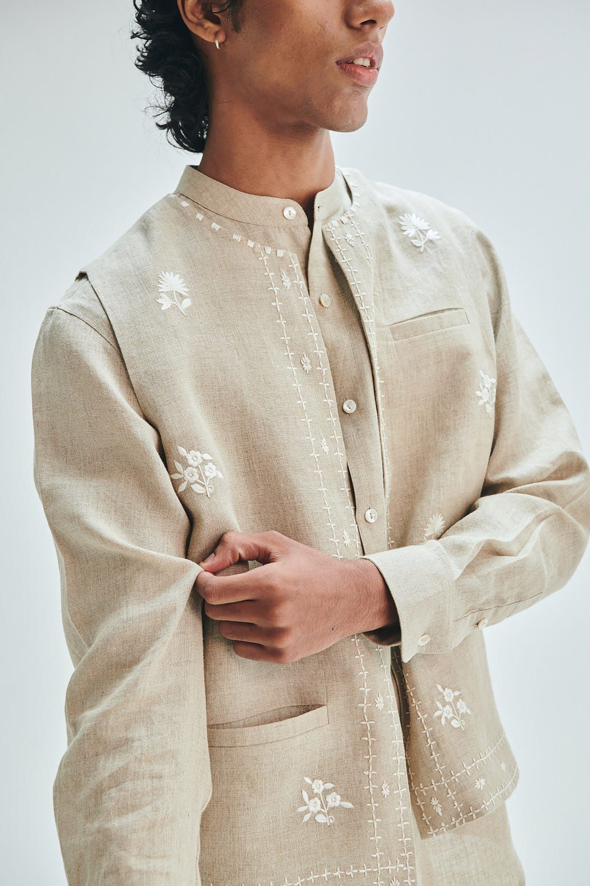 Undyed Linen Embroidered Men's Collarless Nehru Jacket - image 11