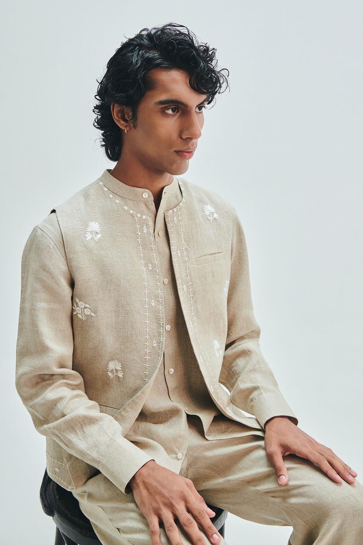 Undyed Linen Embroidered Men's Collarless Nehru Jacket - image 2