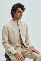 Undyed Linen Embroidered Men's Collarless Nehru Jacket view 2