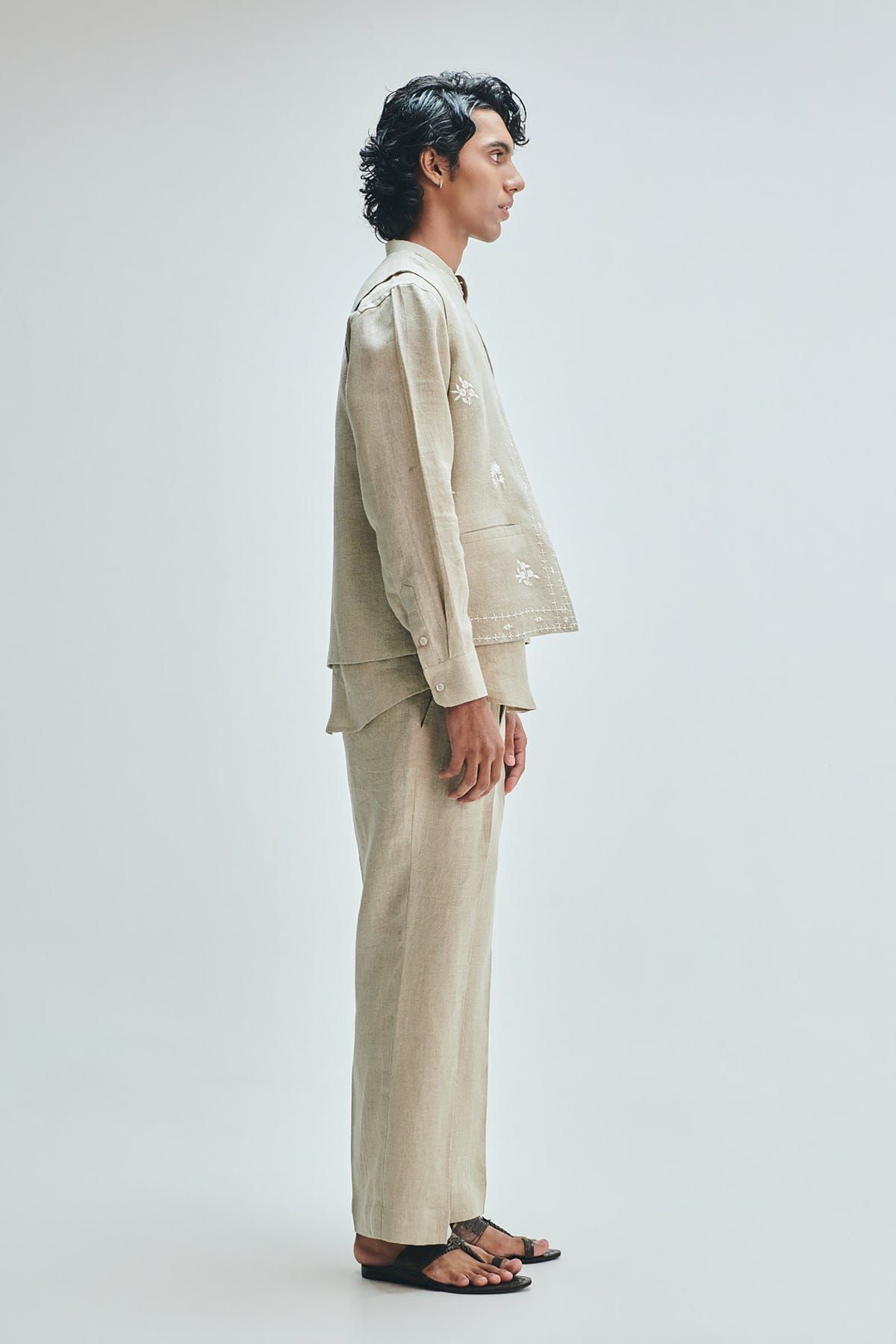 Undyed Linen Embroidered Men's Collarless Nehru Jacket - image 4