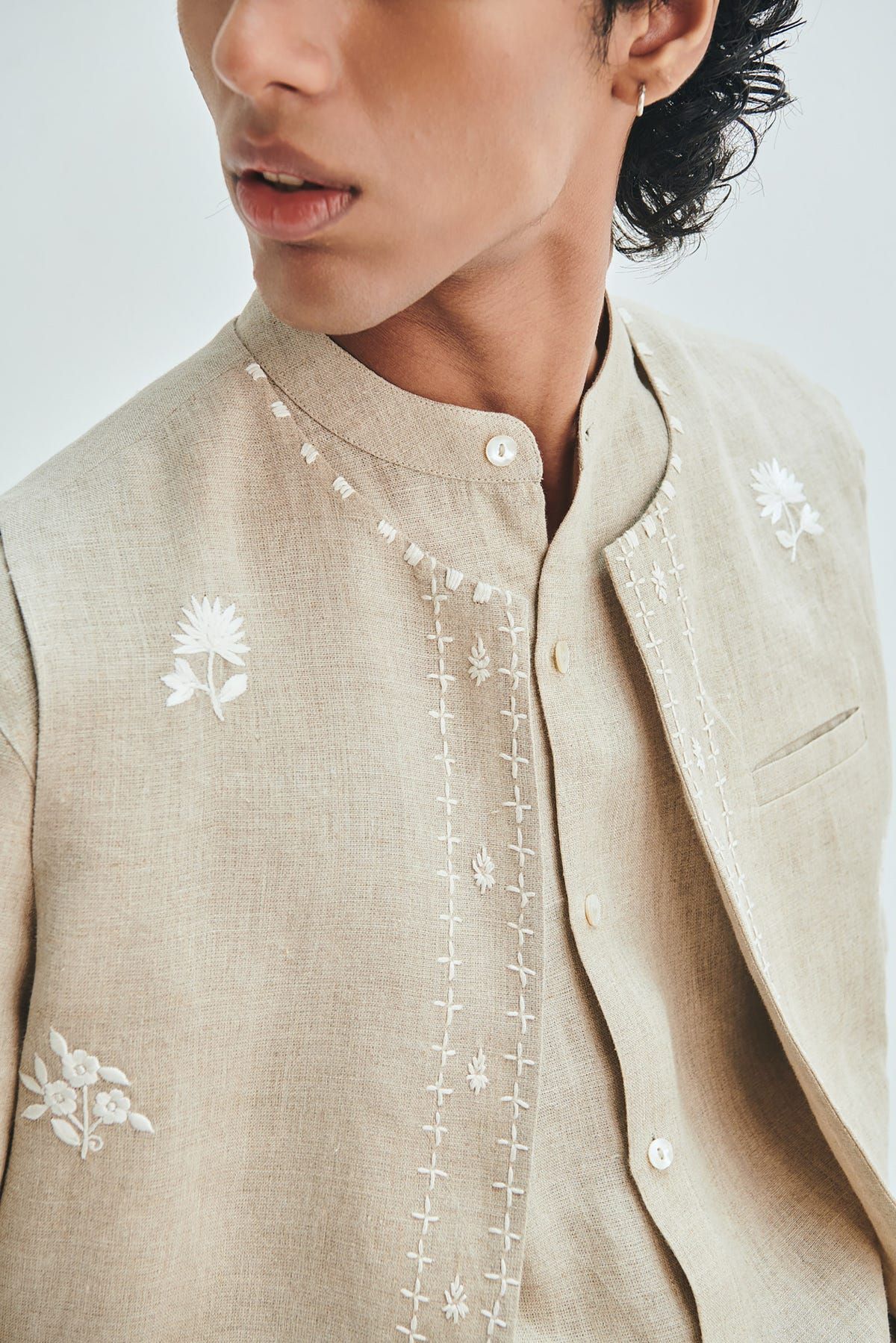 Undyed Linen Embroidered Men's Collarless Nehru Jacket - image 6