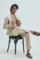Undyed Linen Embroidered Men's Collarless Nehru Jacket view 7
