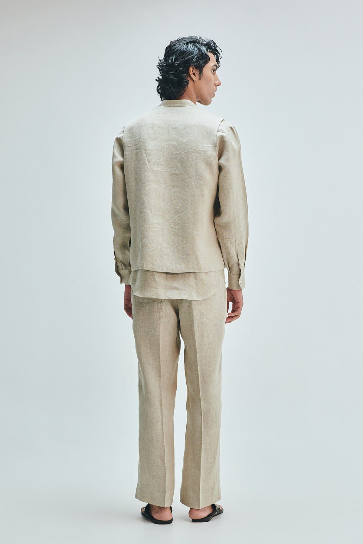 Undyed Linen Embroidered Men's Collarless Nehru Jacket - image 9