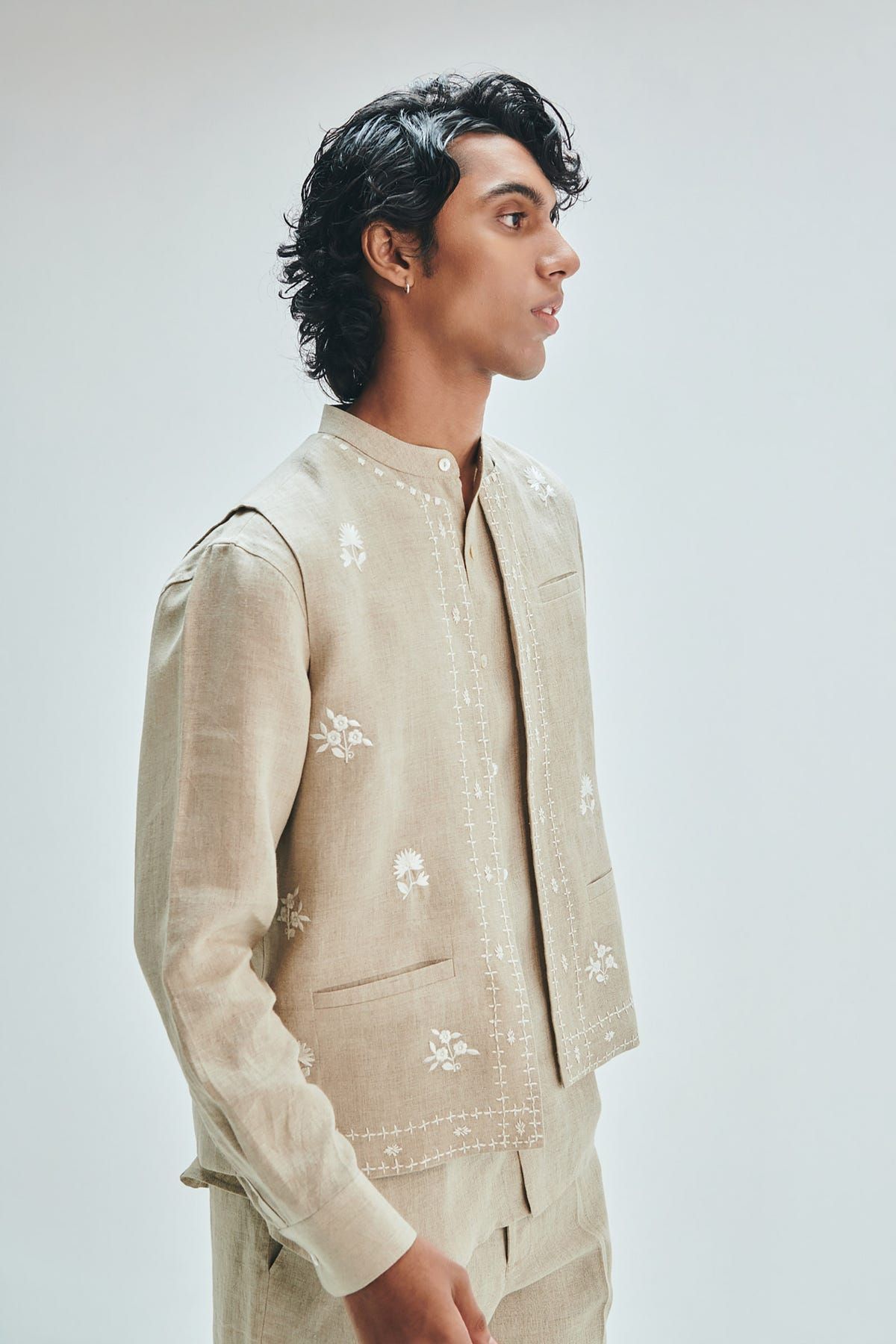 Undyed Linen Embroidered Men's Collarless Nehru Jacket - image 10