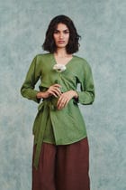 Moss Linen Wrap Top view 1