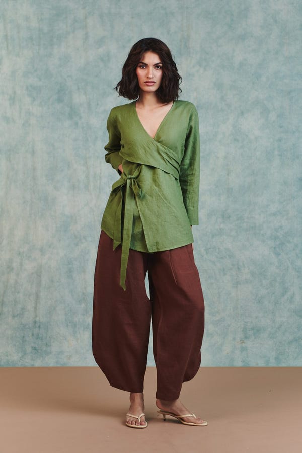 Saphed — Moss Linen Wrap Top