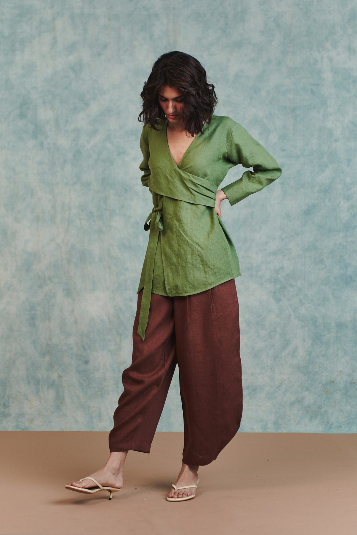 Moss Linen Wrap Top - image 5