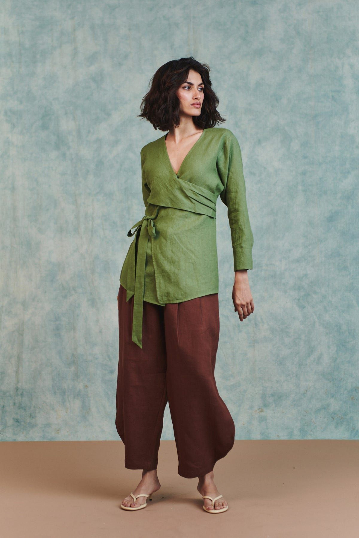 Moss Linen Wrap Top - image 6
