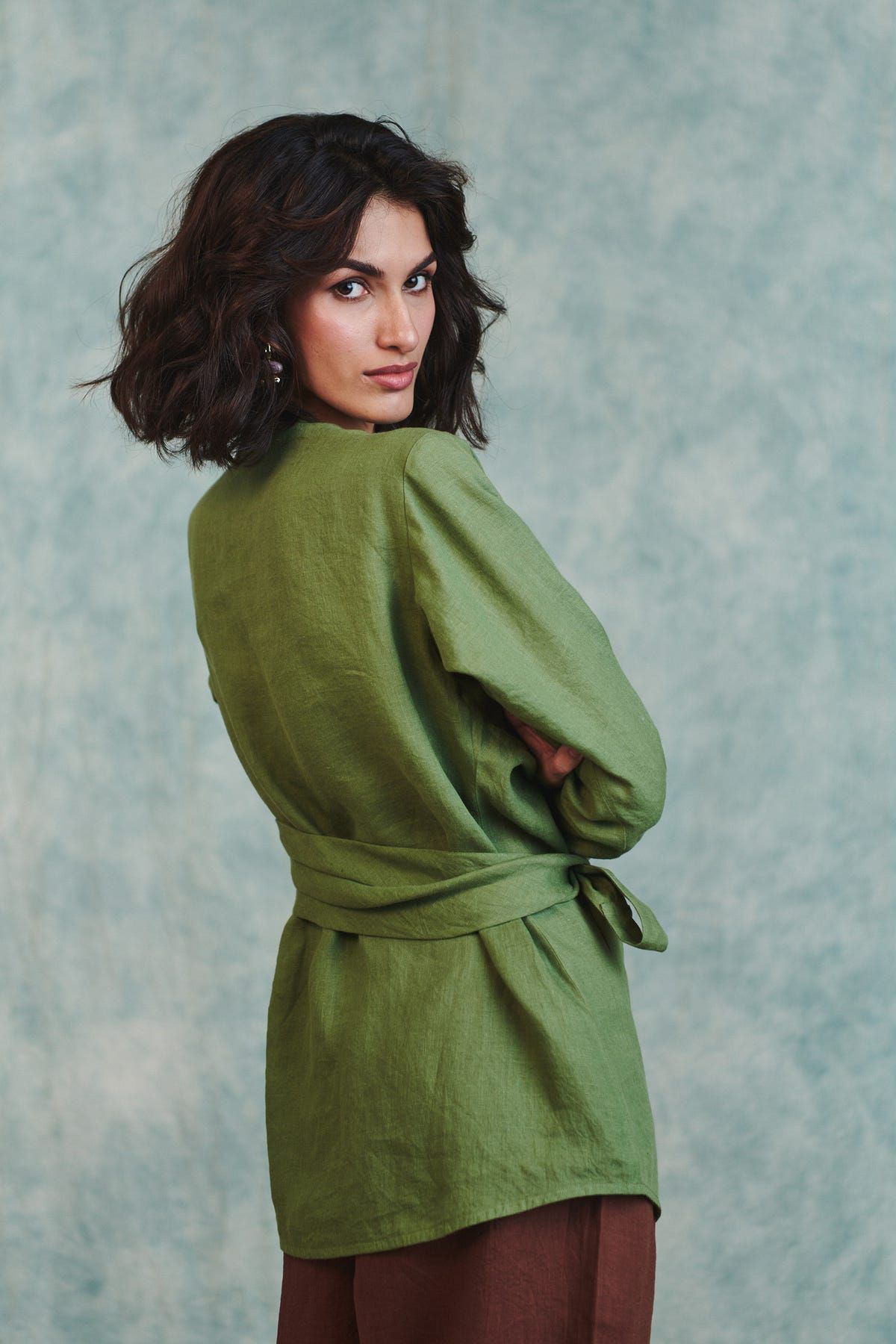 Moss Linen Wrap Top - image 7