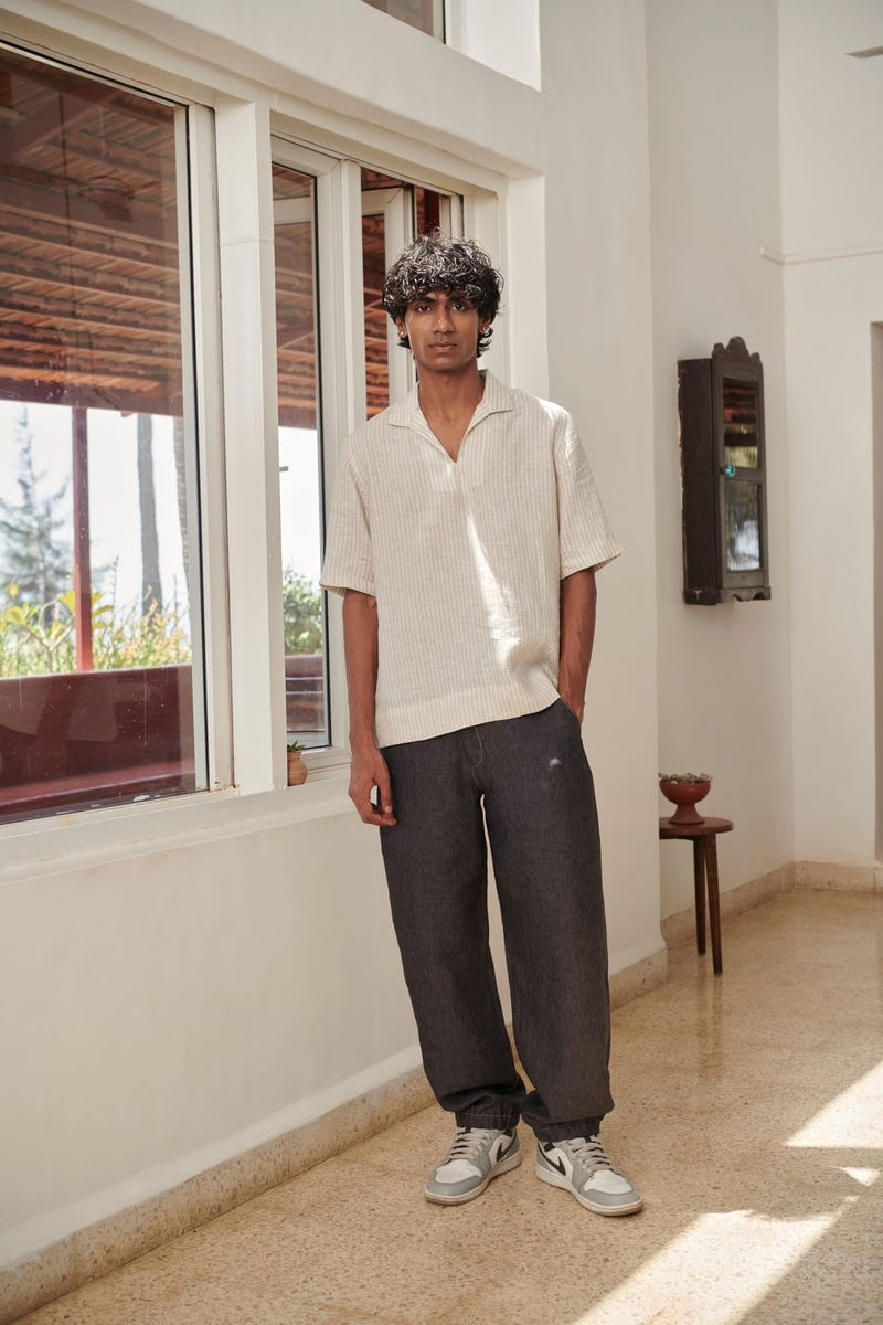 Undyed Pinstripe Linen Men's Popover Shirt - Sale