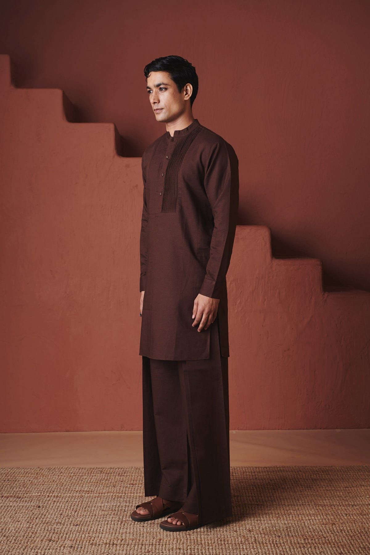 Coffee Co-Linen Men's Pleated Yoke Kurta Set - image 1