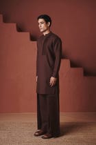 Coffee Co-Linen Men's Pleated Yoke Kurta Set view 1