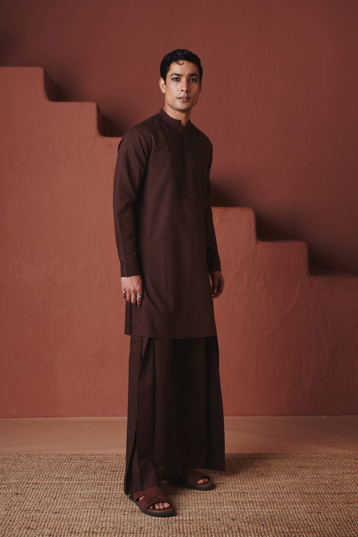 Coffee Co-Linen Men's Pleated Yoke Kurta Set - image 2