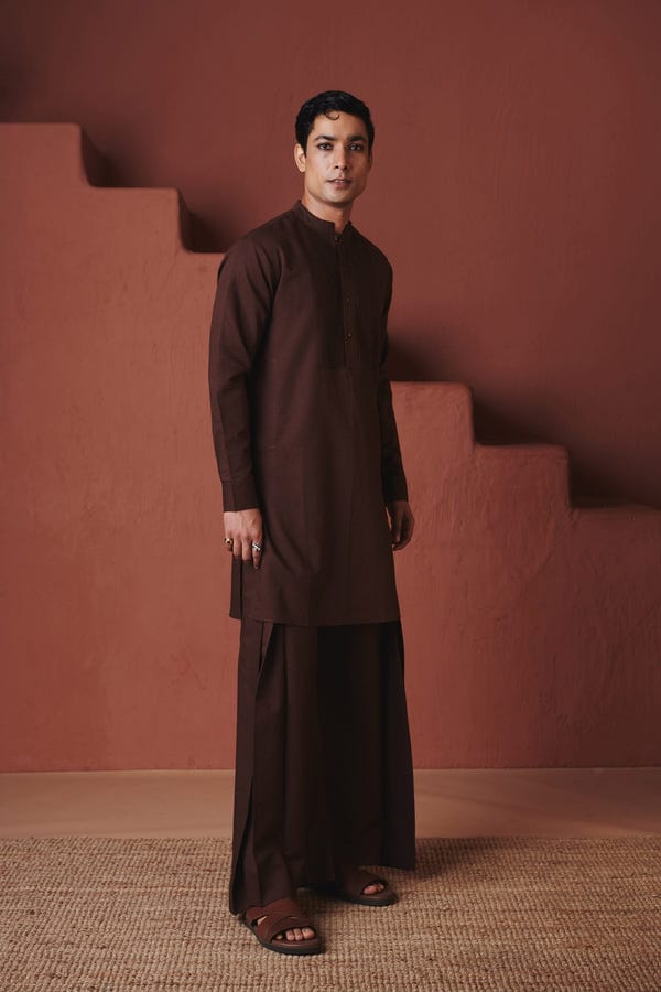 Saphed — Coffee Co-Linen Men's Pleated Yoke Kurta Set