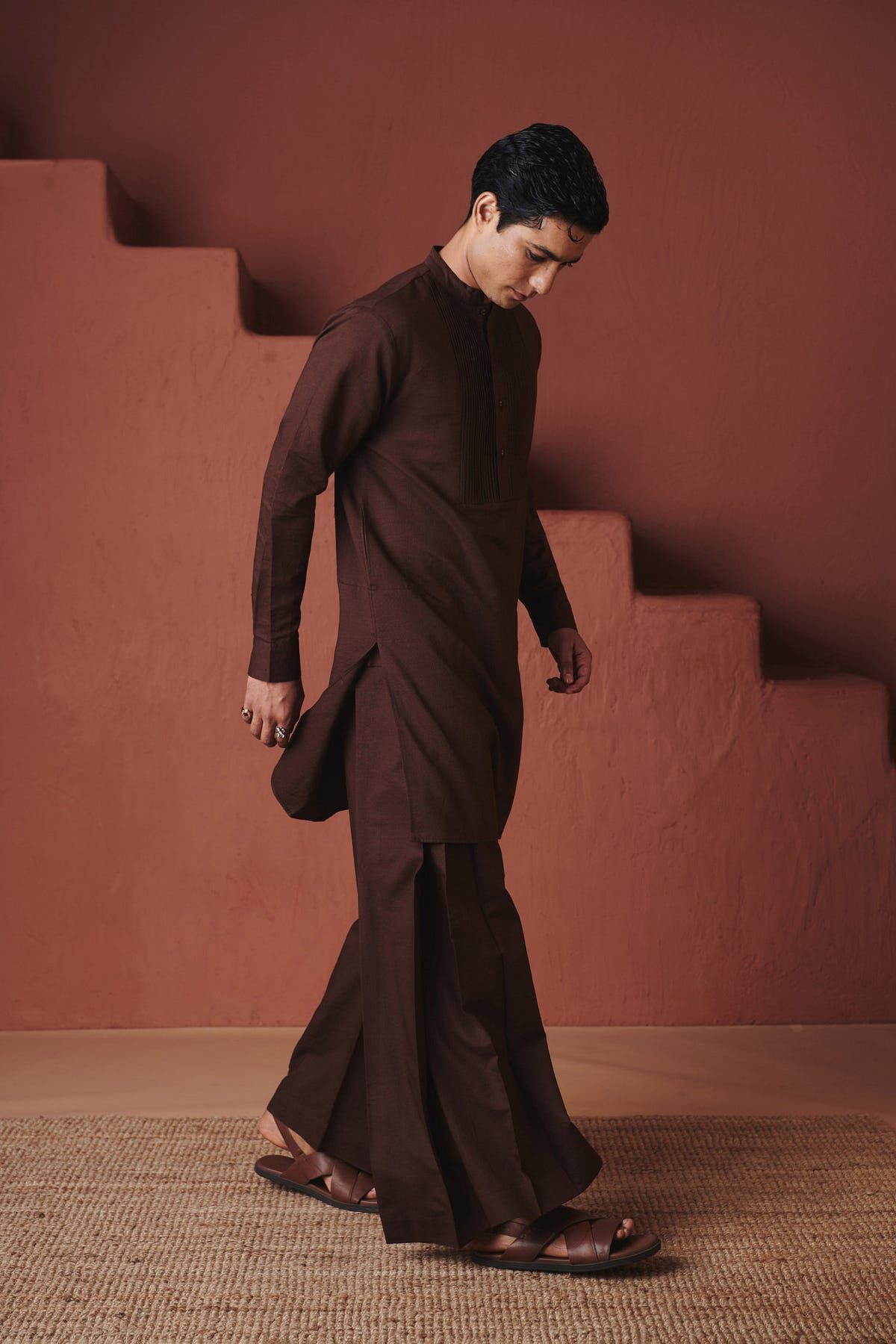 Coffee Co-Linen Men's Pleated Yoke Kurta Set - image 3