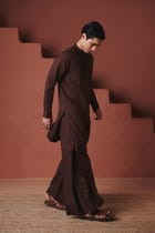 Coffee Co-Linen Men's Pleated Yoke Kurta Set view 3