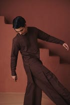 Coffee Co-Linen Men's Pleated Yoke Kurta Set view 4
