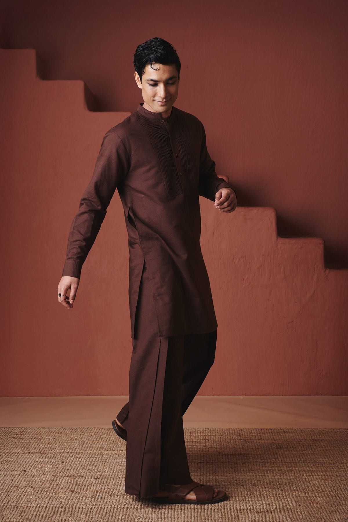 Coffee Co-Linen Men's Pleated Yoke Kurta Set - image 6