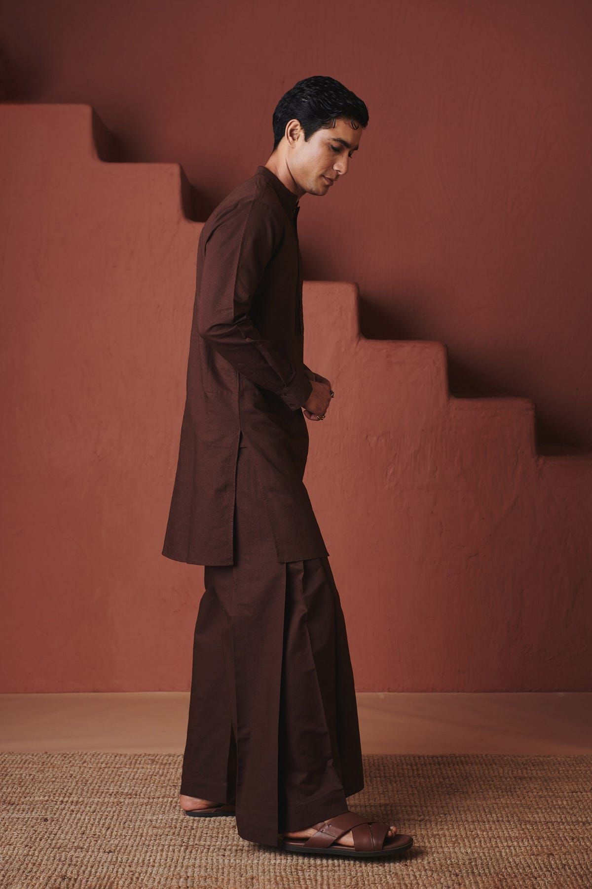 Coffee Co-Linen Men's Pleated Yoke Kurta Set - image 7