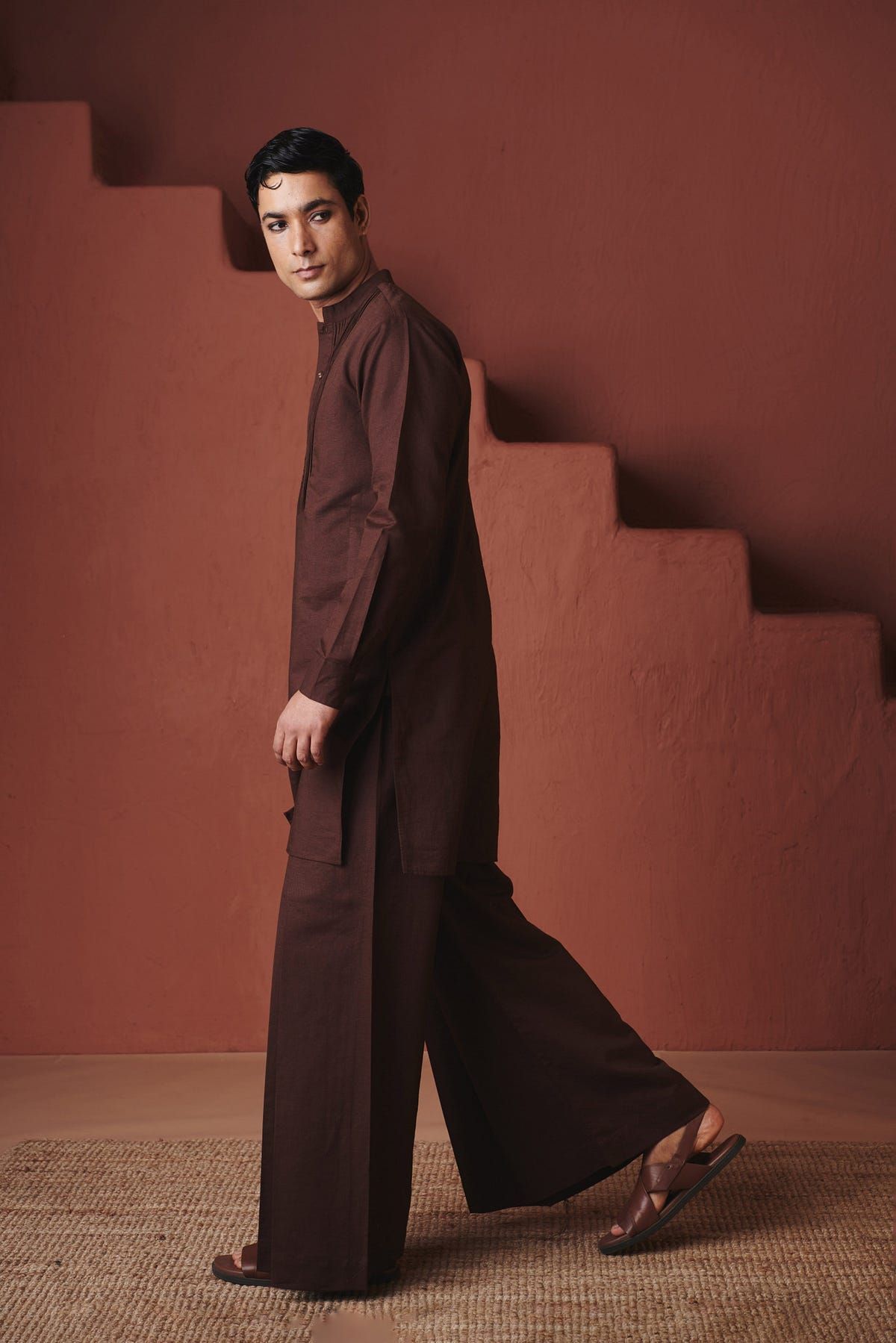 Coffee Co-Linen Men's Pleated Yoke Kurta Set - image 9
