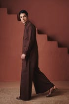 Coffee Co-Linen Men's Pleated Yoke Kurta Set view 9