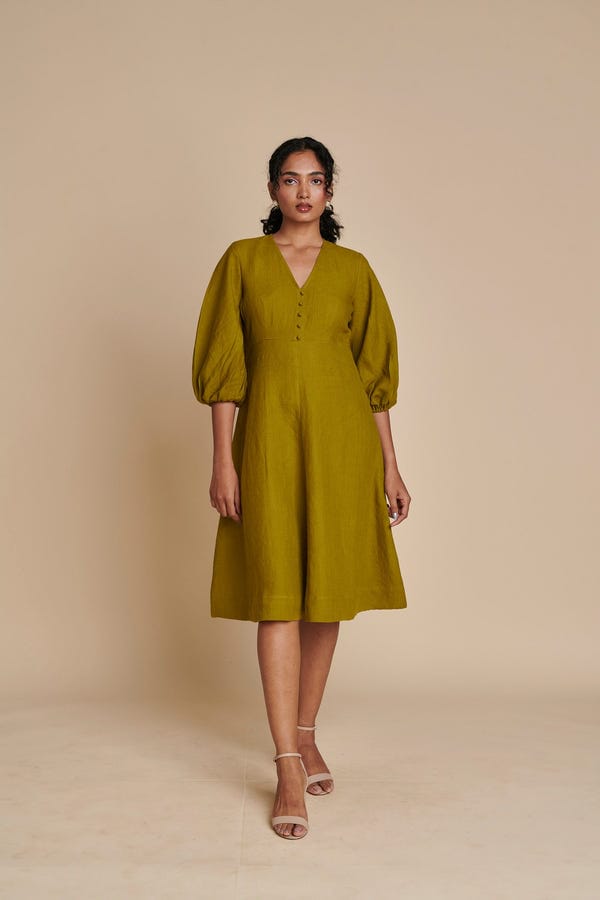 Saphed — Mehendi Linen Billow Dress - Sale