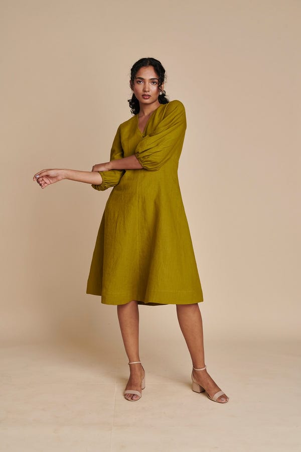 Saphed — Mehendi Linen Billow Dress - Sale