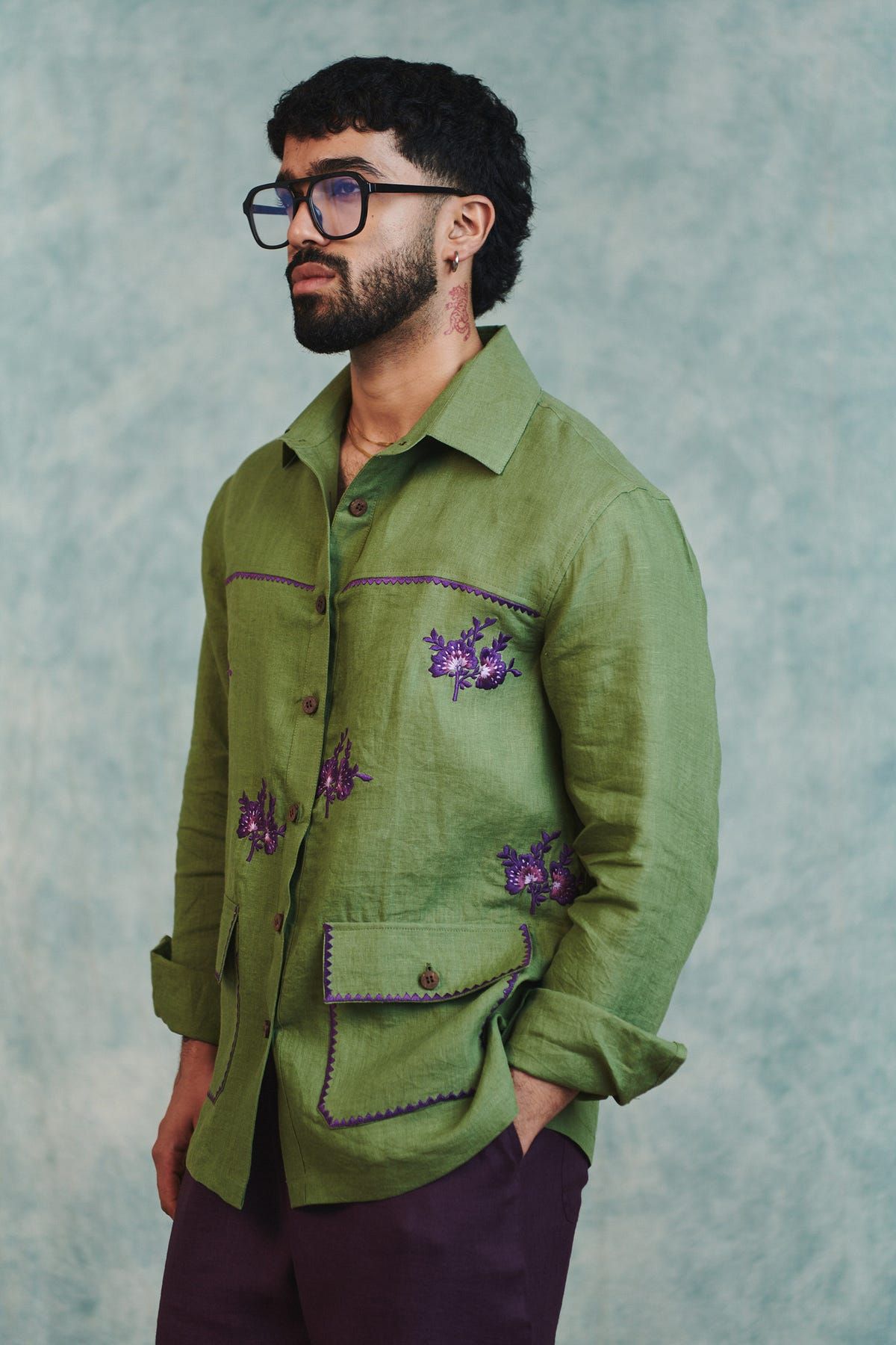 Moss Linen Embroidered Men's Overshirt - image 1