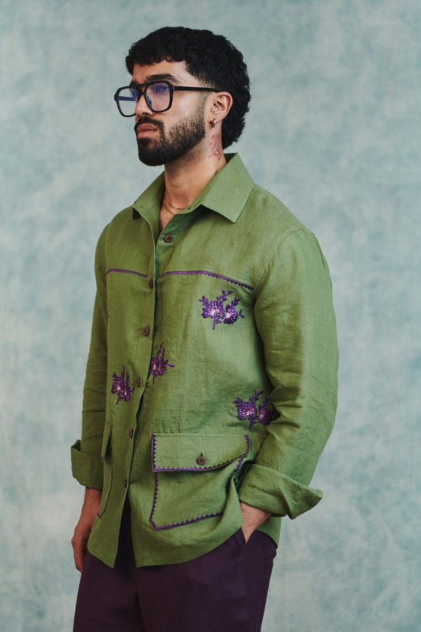 Saphed — Moss Linen Embroidered Men's Overshirt