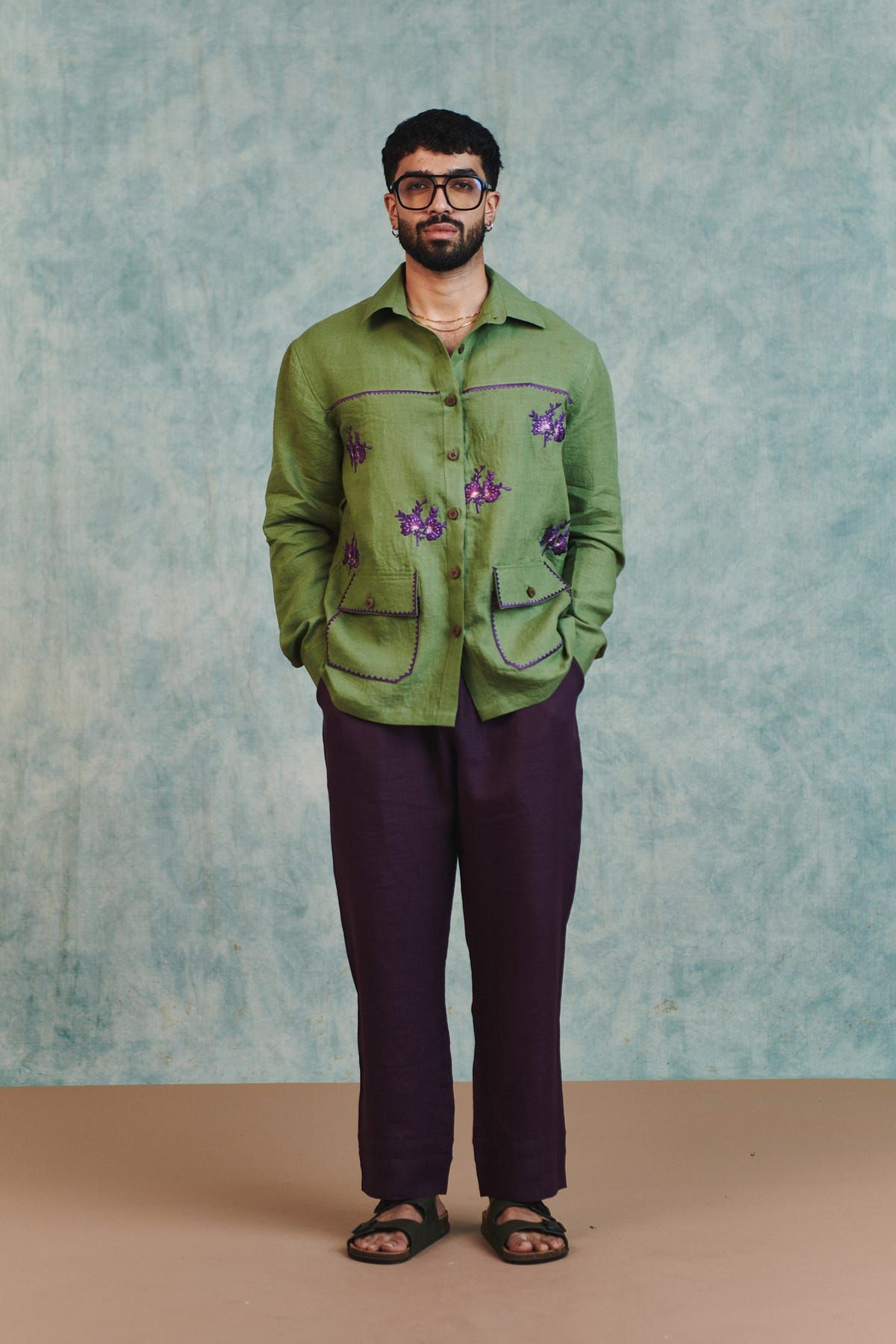 Moss Linen Embroidered Men's Overshirt - image 2