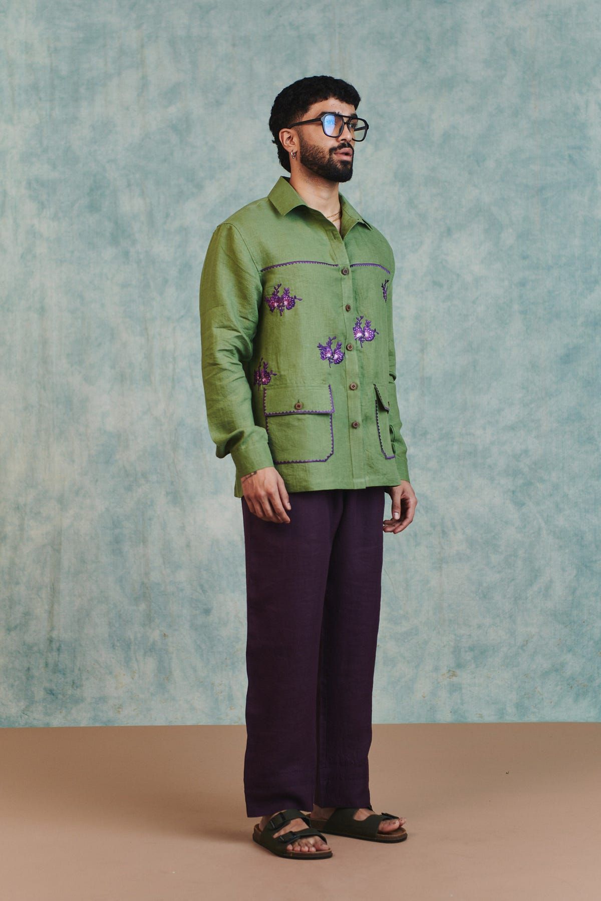 Moss Linen Embroidered Men's Overshirt - image 3