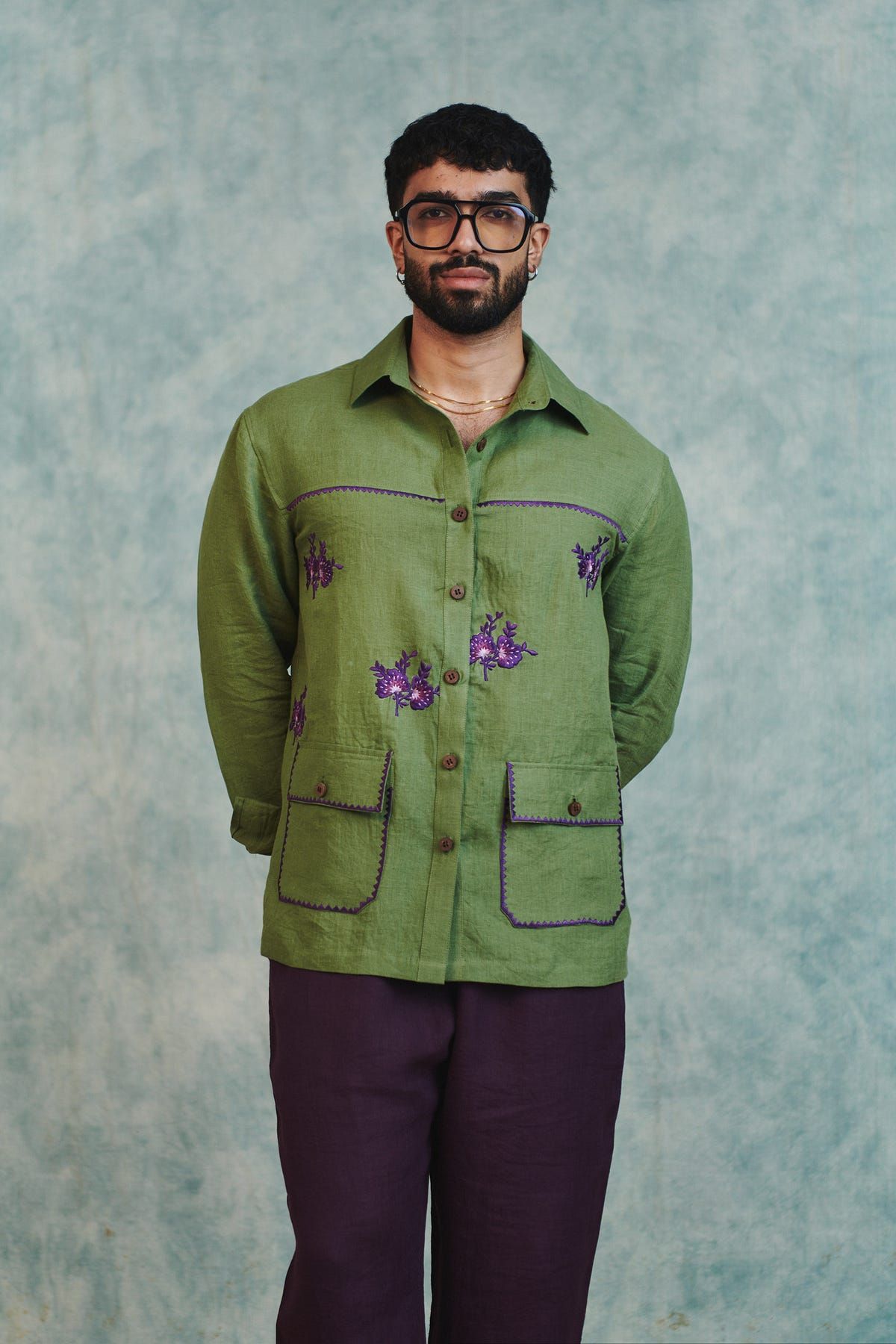 Moss Linen Embroidered Men's Overshirt - image 4