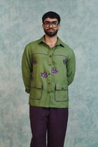 Moss Linen Embroidered Men's Overshirt view 4