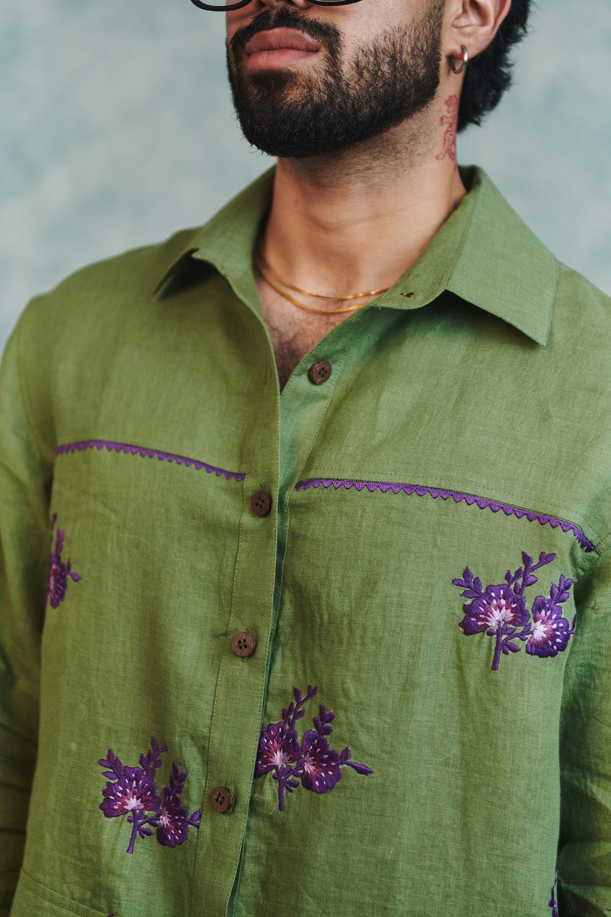 Moss Linen Embroidered Men's Overshirt - image 5