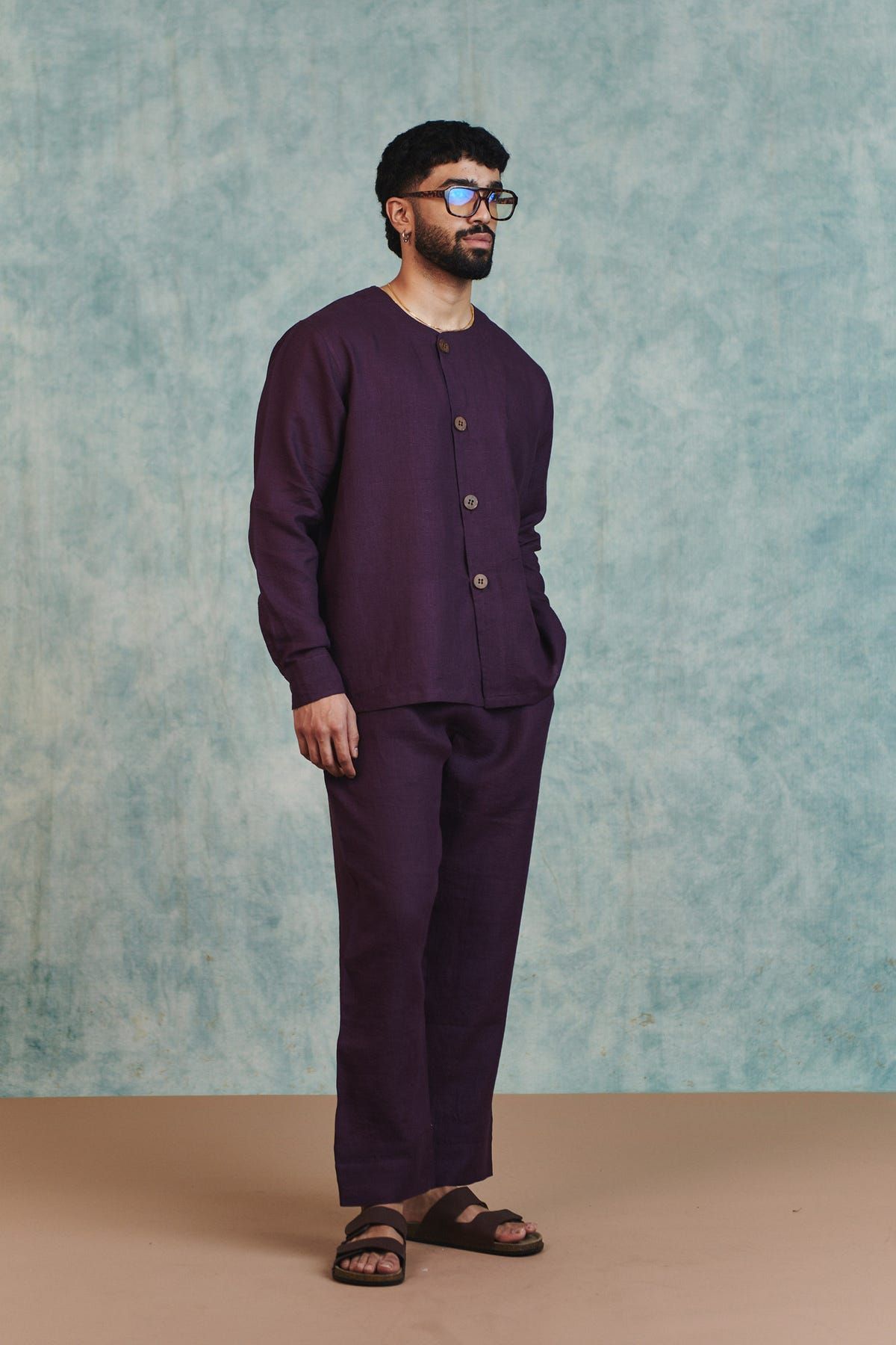 Plum Linen Men's Round Neck Shirt - image 3