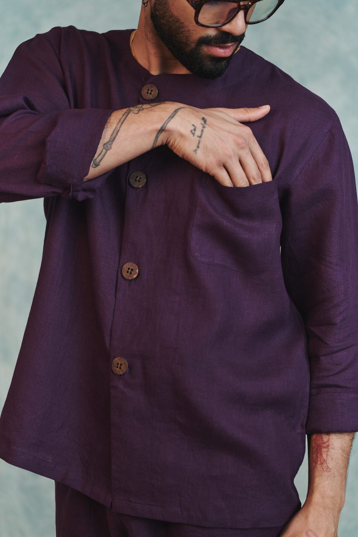Plum Linen Men's Round Neck Shirt - image 6