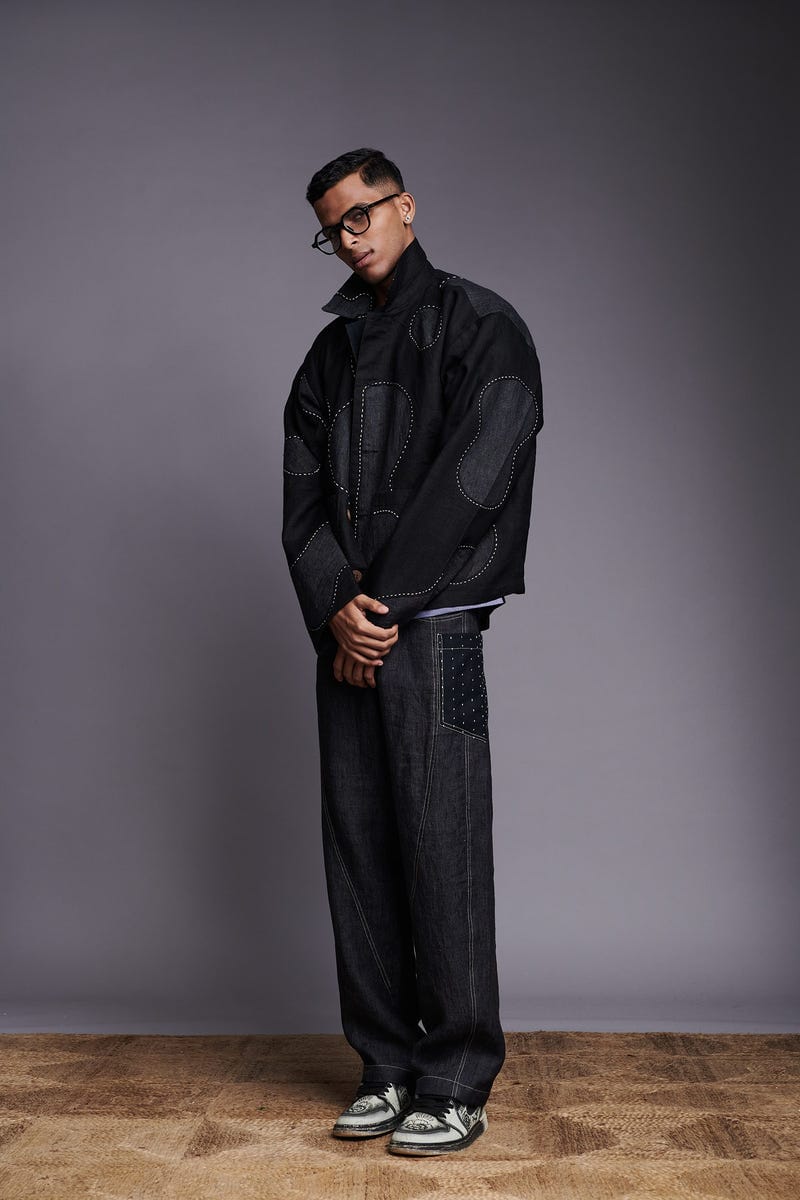 Graphite Linen Kantha Men's Panelled Denim