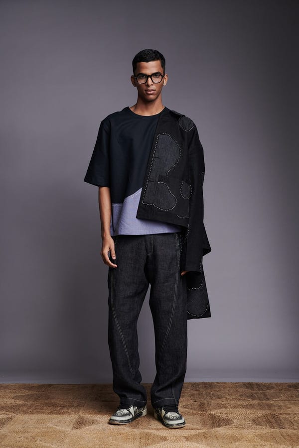 Saphed — Graphite Linen Kantha Men's Panelled Denim