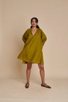 Mehendi Linen Lace Panelled Dress view 1