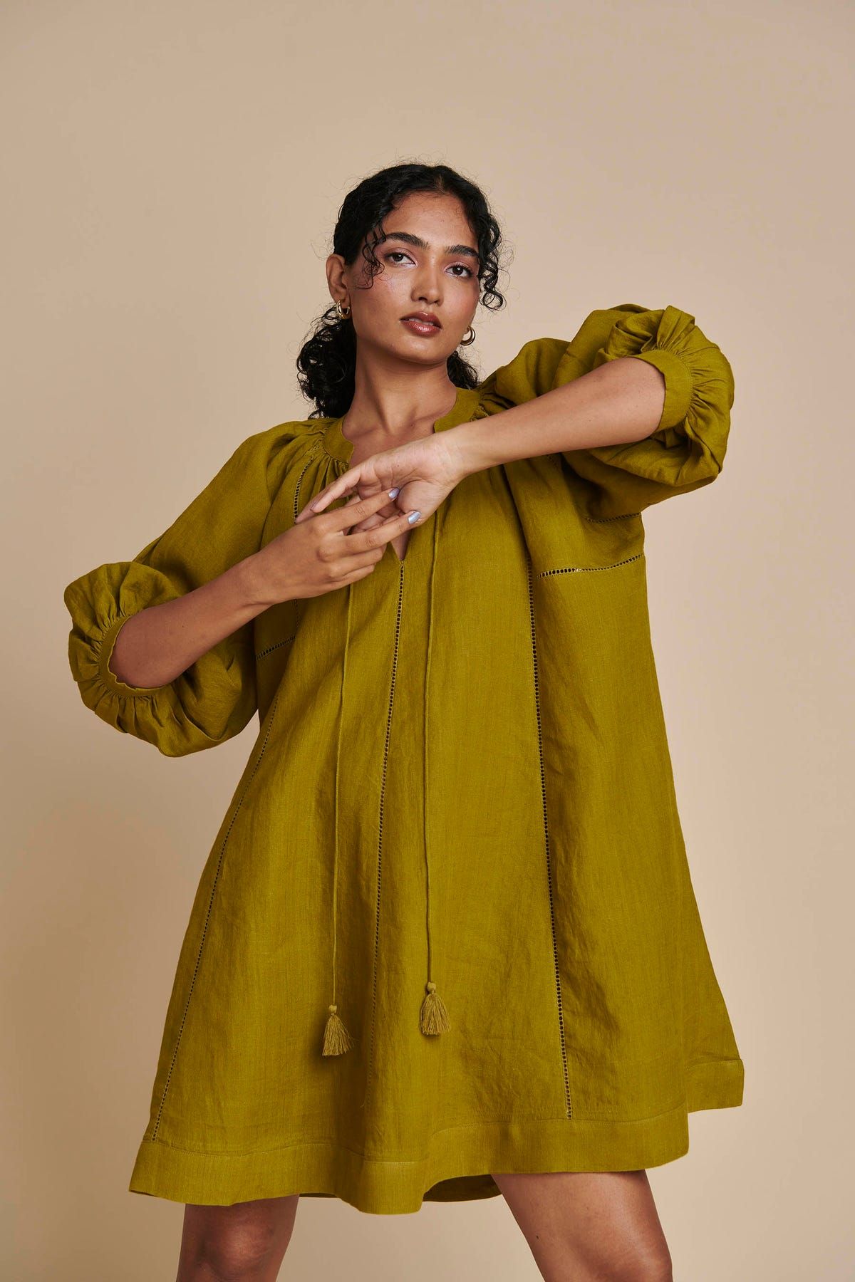 Mehendi Linen Lace Panelled Dress - image 2