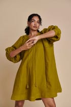 Mehendi Linen Lace Panelled Dress view 2