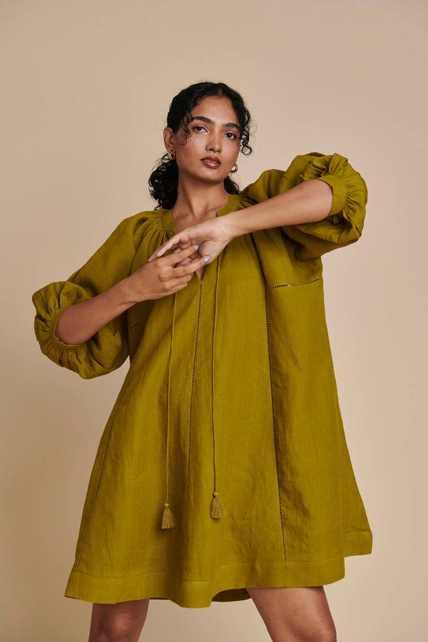 Saphed — Mehendi Linen Lace Panelled Dress
