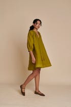 Mehendi Linen Lace Panelled Dress view 3
