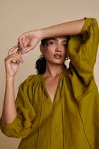 Mehendi Linen Lace Panelled Dress view 5