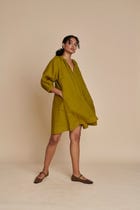 Mehendi Linen Lace Panelled Dress view 10