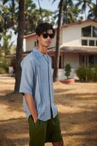 Sky Linen Men's Pleated Camp Collar Shirt view 1
