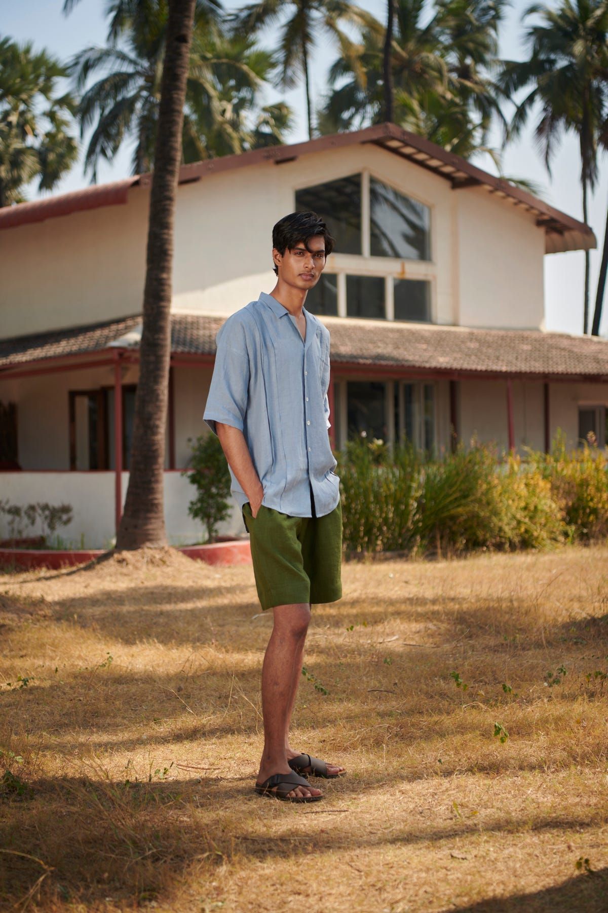 Sky Linen Men's Pleated Camp Collar Shirt - image 2